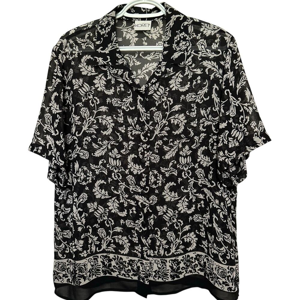 Koret Women's Black White Floral Short Sleeve Button Front‎ Blouse Size 14